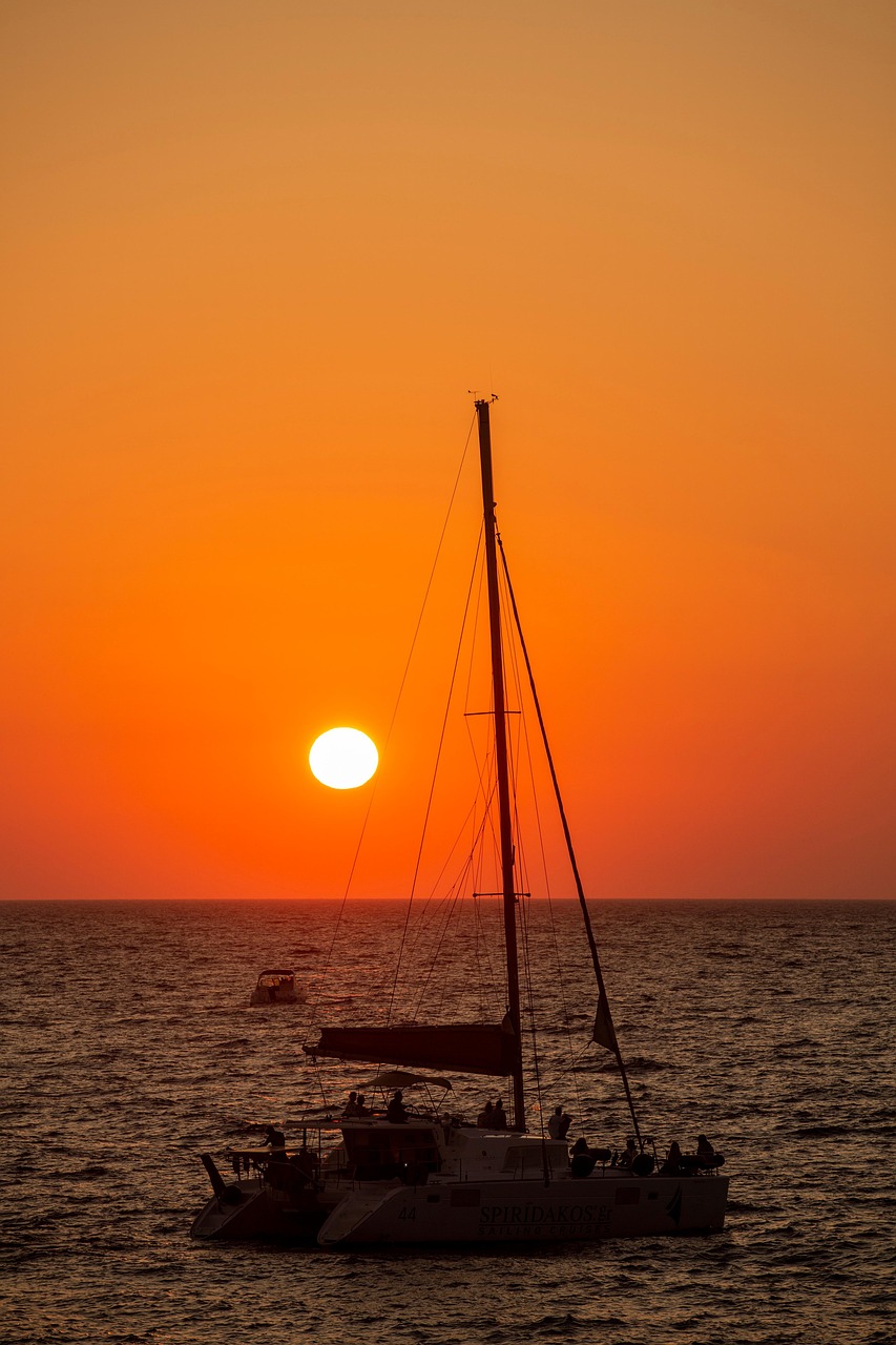 sunset, nature, aegean sea, santorini, sea, twilight, boat, dusk, sundown