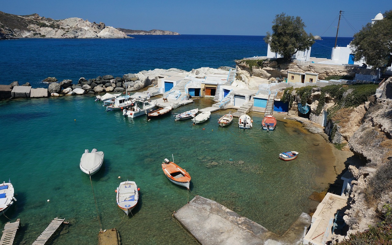 greece, greek island, milos, nature, sun, fishermen's houses, sea, old house, bay, traditional, blue sky, fishing boat, little boat, holiday